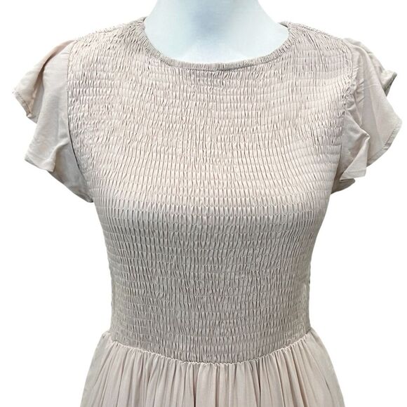 Apricot Cottagecore Smocked Tiered Midi Dress Short Sleeve Peachy Tan Medium NWT - Picture 7 of 16